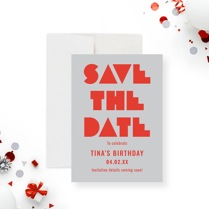 modern birthday party save the date card with bold red lettering, gray background, geometric lettering, and personalized party details-front