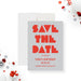 modern birthday party save the date card with bold red lettering, gray background, geometric lettering, and personalized party details-front