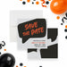 modern birthday party save the date card with black speech bubble, orange lettering, gray background, and personalized event details-front-back