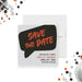 modern birthday party save the date card with black speech bubble, orange lettering, gray background, and personalized event details-front