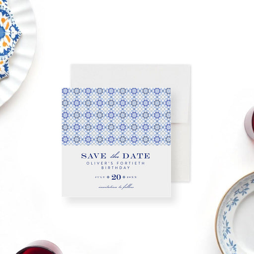 Blue tile save the date card with a Mediterranean pattern, customizable for milestone birthdays, weddings, or special events.-front