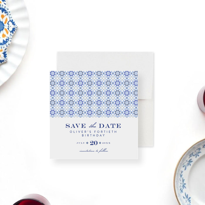 Blue Tile Birthday Party Invitation for Dinner and Drinks