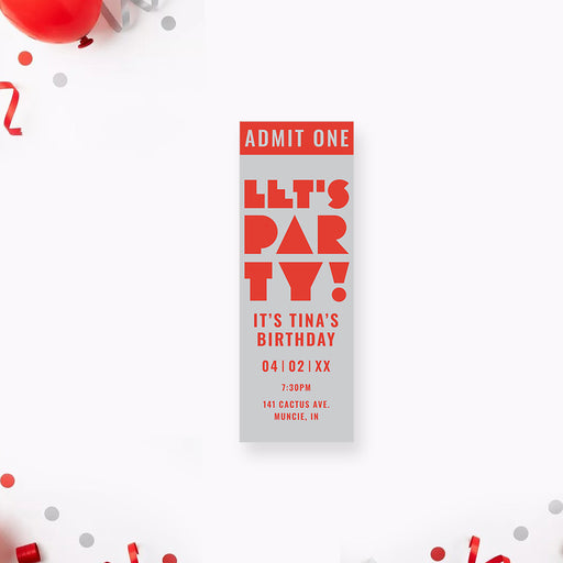modern birthday party ticket invitation with bold red lettering, gray background, admit one heading, and personalized party details