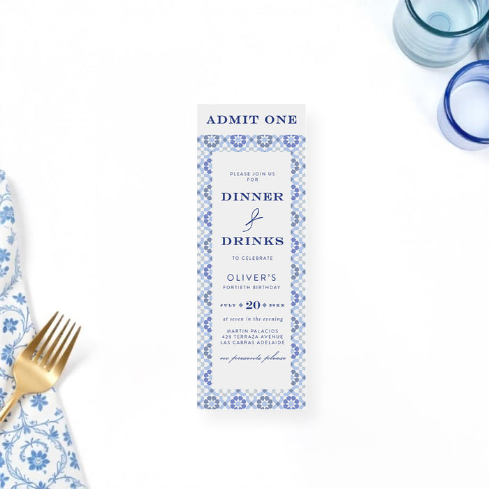 Blue Tile Birthday Party Invitation for Dinner and Drinks