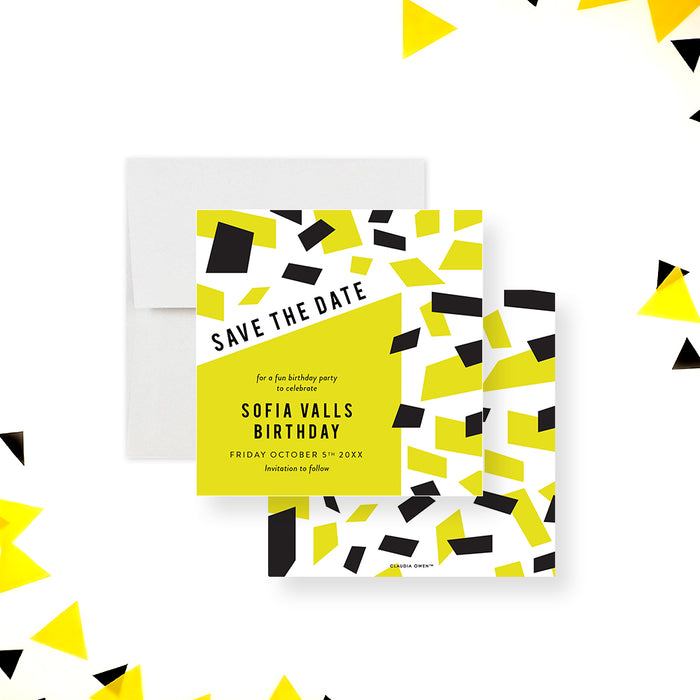 Save the date card featuring a bold yellow and black confetti design, used as a pre-invitation for birthday parties.-front-back