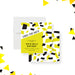 Save the date card featuring a bold yellow and black confetti design, used as a pre-invitation for birthday parties.-front-back