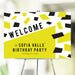 Birthday party welcome sign with yellow and black confetti design, a bold finishing touch for modern event décor.