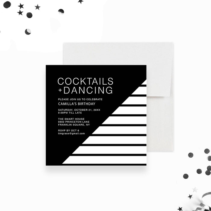 Modern black and white invitation card for cocktails and dancing