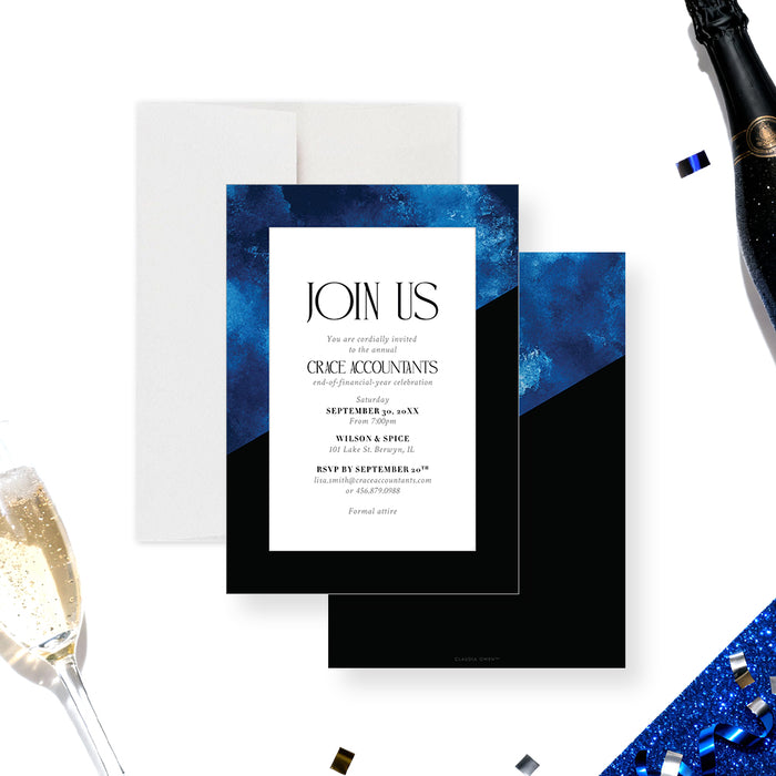 blue and black corporate event invitation with modern watercolor design for a business party or formal company celebration-front-back