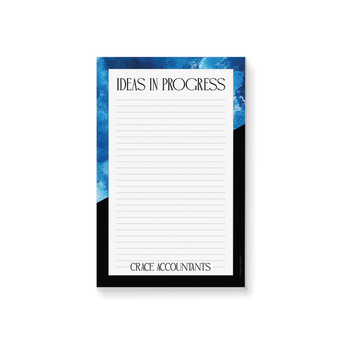 personalized corporate notepad with modern blue and black design, lined pages, and custom business name for office stationery