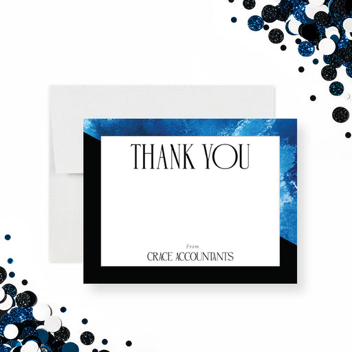 corporate thank you card with modern blue and black watercolor design, bold thank you lettering, and personalized business name-front