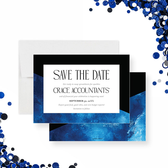 blue and black corporate save the date card with modern watercolor design for a formal business event or company celebration-front-back