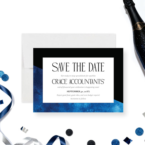 blue and black corporate save the date card with modern watercolor design for a formal business event or company celebration-front