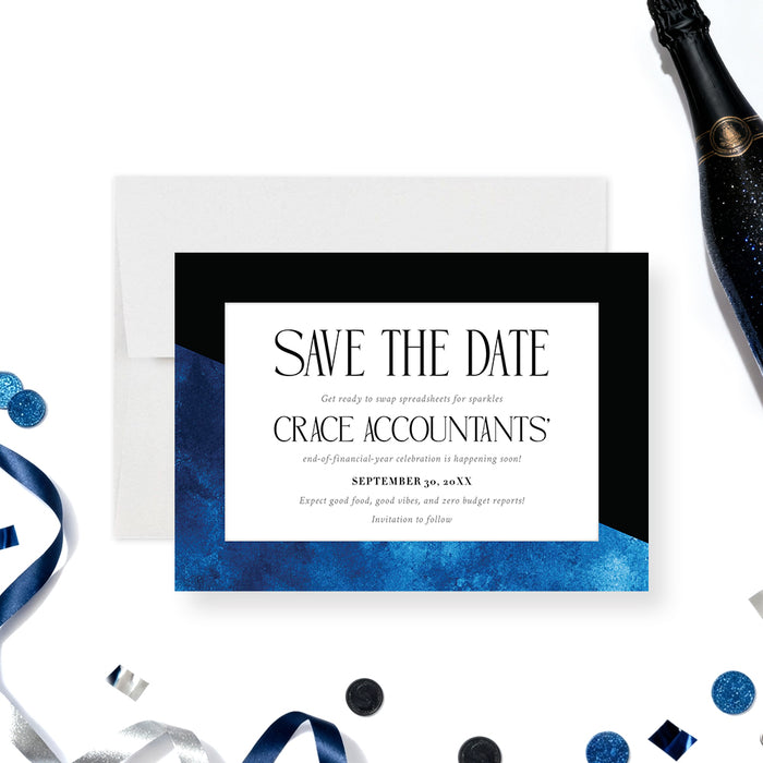 blue and black corporate save the date card with modern watercolor design for a formal business event or company celebration-front