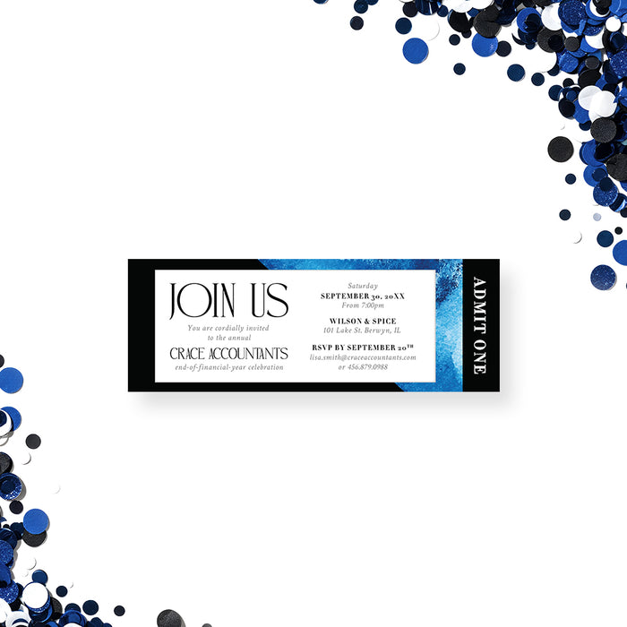 corporate event ticket invitation with modern blue and black watercolor design for an annual company party or business celebration