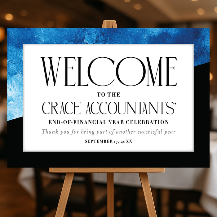modern corporate welcome sign with blue and black design for a business event or company celebration