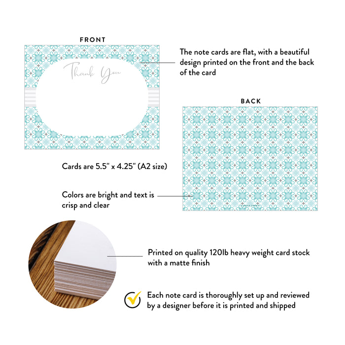 Front and back view of modern abstract bridal shower thank you card. The design features a soft dusty‑blue geometric pattern and elegant “Thank You” typography at the top, personalized with a name below in muted gray. Crisp, minimalist design printed on heavyweight matte card stock.