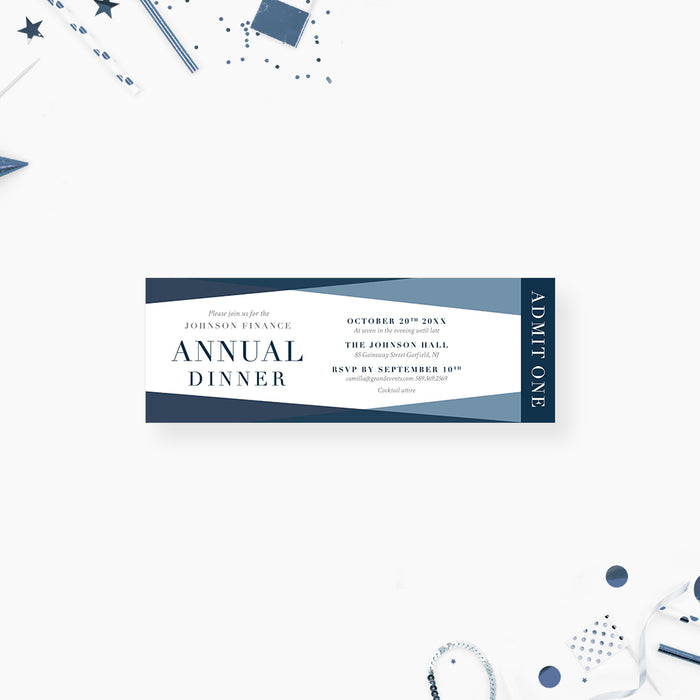 Blue Geometric Ticket Invitation for Business Annual Dinner Party, Corporate Team Dinner Ticket Invites, Executive Dinner Invitation