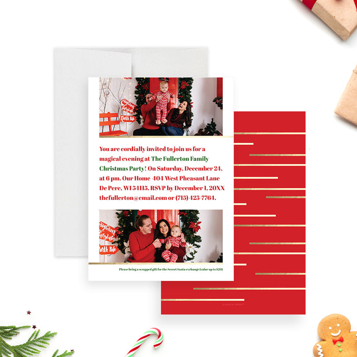 Festive Family Christmas Party Invitation Card in Red and Green with Photos, Personalized Modern Holiday Party Invitation with Pictures