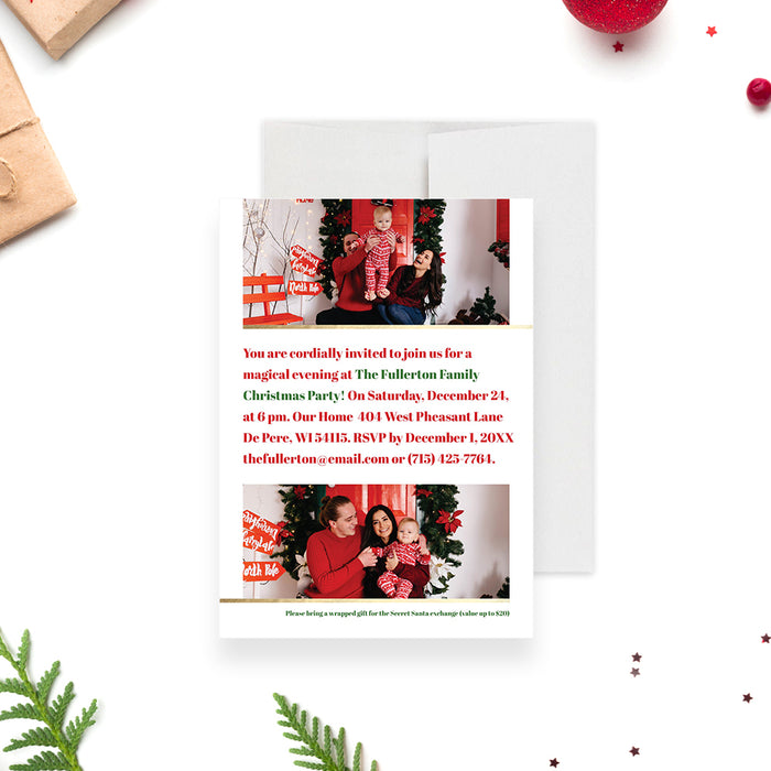 Festive Family Christmas Party Invitation Card in Red and Green with Photos, Personalized Modern Holiday Party Invitation with Pictures