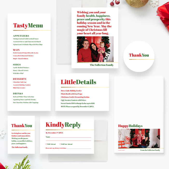 Festive Family Christmas Party Invitation Card in Red and Green with Photos, Personalized Modern Holiday Party Invitation with Pictures