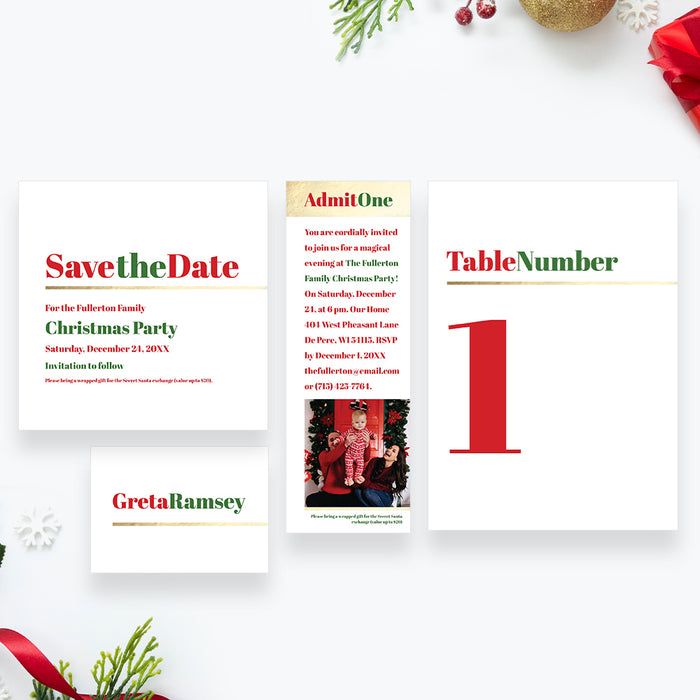 Festive Family Christmas Party Invitation Card in Red and Green with Photos, Personalized Modern Holiday Party Invitation with Pictures