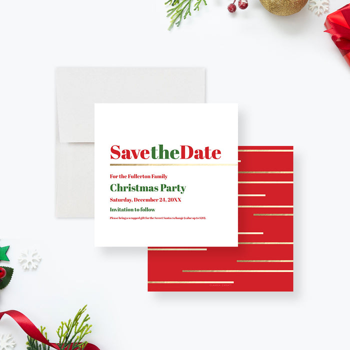 Red and Green Save the Date Card for Christmas Party, Modern Family Holiday Party Save the Date Invitation