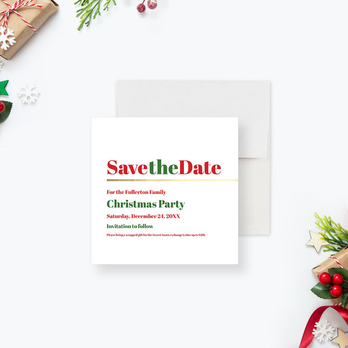 Red and Green Save the Date Card for Christmas Party, Modern Family Holiday Party Save the Date Invitation