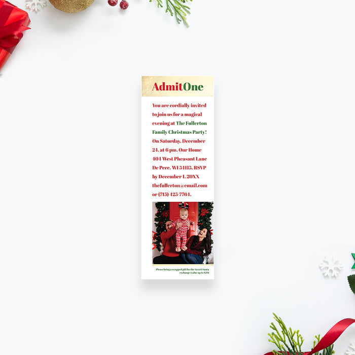 Unique Christmas Party Ticket Invitation with Family Photo, Custom Holiday Ticket Invite with Picture