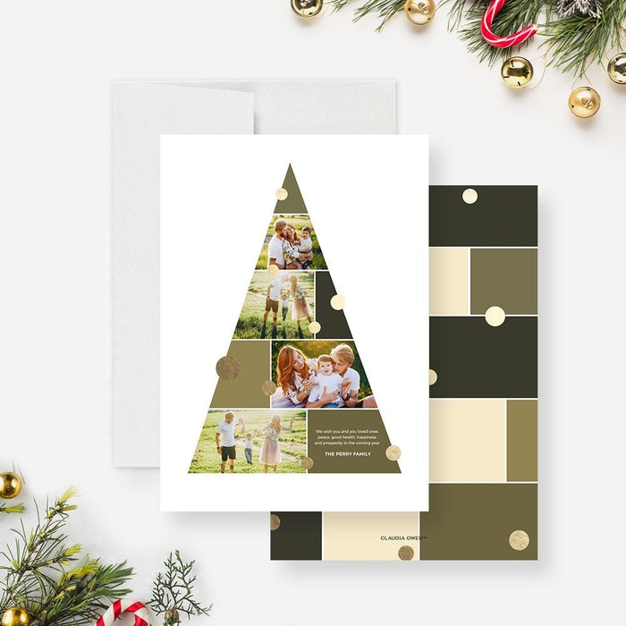 Modern Christmas photo card template featuring a geometric tree design with multiple family photos and gold circle accents on a white background.