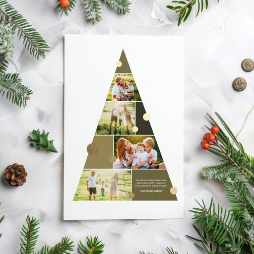 Modern Christmas photo card template featuring a geometric tree design with multiple family photos and gold circle accents on a white background.