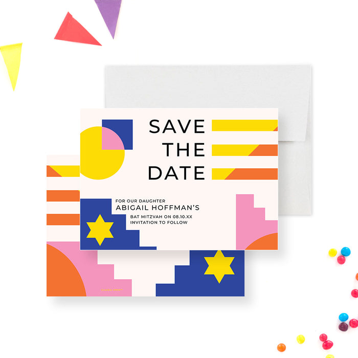 Colorful Geometric Save the Date Card for Bat Mitzvah Celebration, Girl's Bat Mitzvah Save the Dates, B'nai Mitzvah Save the Date in Blue Pink Yellow and Orange
