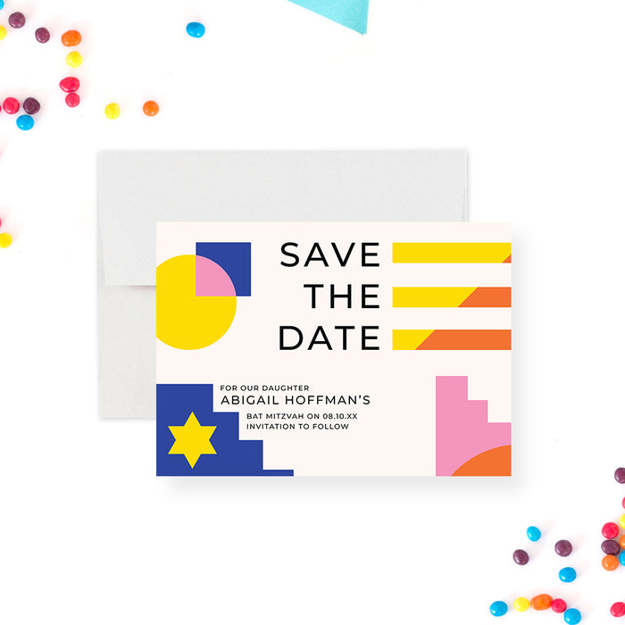 Colorful Geometric Save the Date Card for Bat Mitzvah Celebration, Girl's Bat Mitzvah Save the Dates, B'nai Mitzvah Save the Date in Blue Pink Yellow and Orange