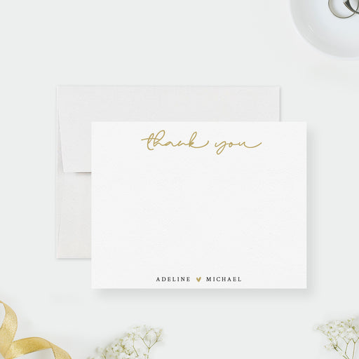 Modern personalized thank you card set for couples with heart design, ideal for weddings, engagements, or newlywed stationery gifts.


