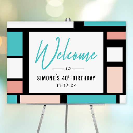 Personalized modern 40th birthday welcome sign with black border, aqua and blush color blocks, honoree’s name and celebration date