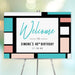 Personalized modern 40th birthday welcome sign with black border, aqua and blush color blocks, honoree’s name and celebration date
