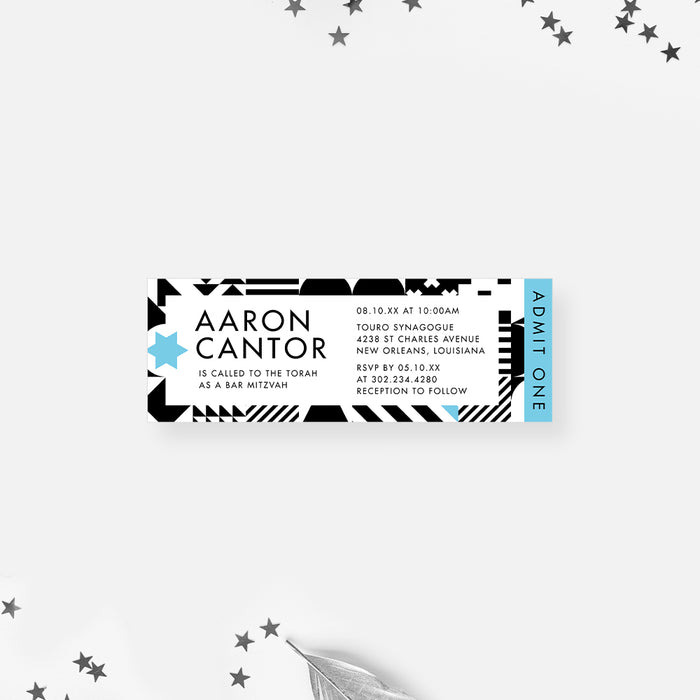 Geometric Blue and Black Ticket Invitation for Bar Mitzvah Celebration, Modern Tickets for Jewish Celebration Party