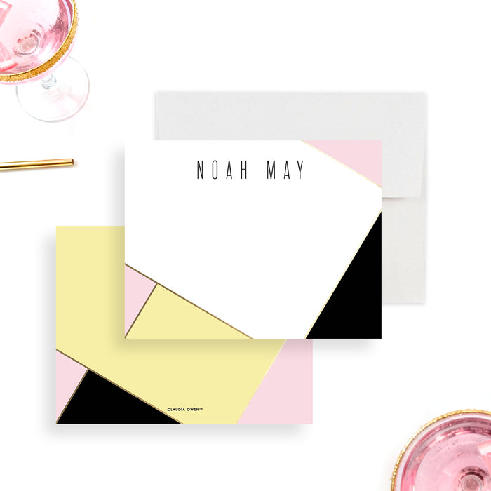 modern personalized thank you card with pink yellow black and white geometric design and custom name-front-back