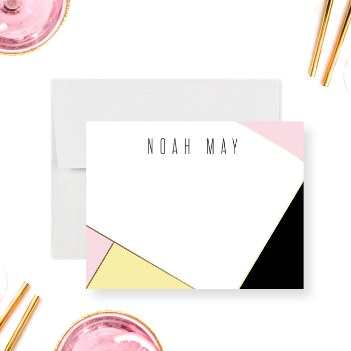 modern personalized thank you card with pink yellow black and white geometric design and custom name-front
