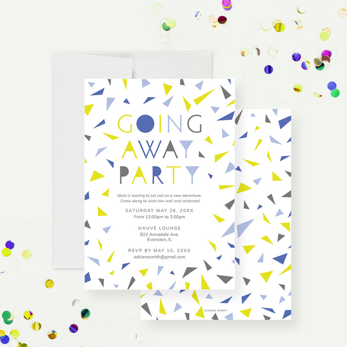 Personalized farewell party invitation card with blue, yellow, and gray confetti design.-front-back