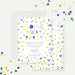 Personalized farewell party invitation card with blue, yellow, and gray confetti design.-front-back