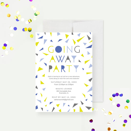 Personalized farewell party invitation card with blue, yellow, and gray confetti design.-front