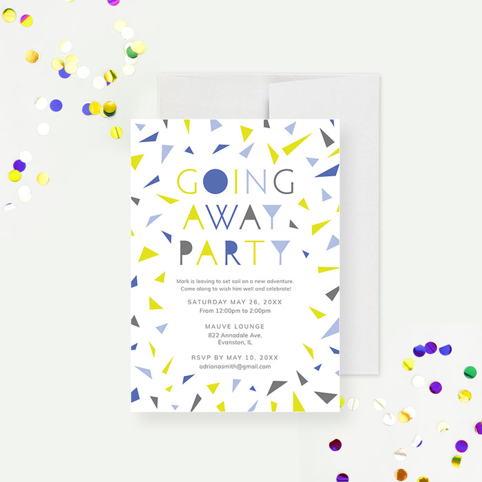 Personalized farewell party invitation card with blue, yellow, and gray confetti design.-front