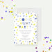 Personalized farewell party invitation card with blue, yellow, and gray confetti design.-front