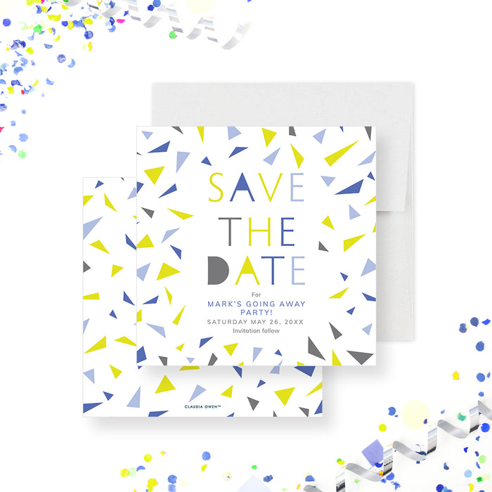 Personalized save the Date card with a colorful confetti design, perfect for going-away or farewell parties.-front-back