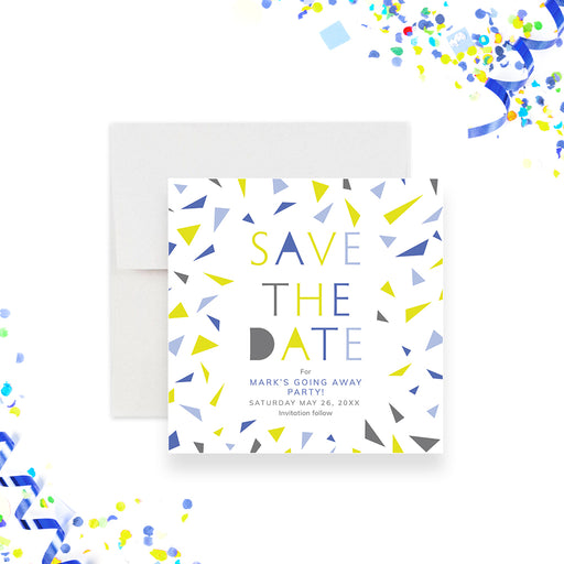 Personalized save the Date card with a colorful confetti design, perfect for going-away or farewell parties.-front