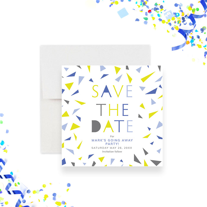 Personalized save the Date card with a colorful confetti design, perfect for going-away or farewell parties.-front