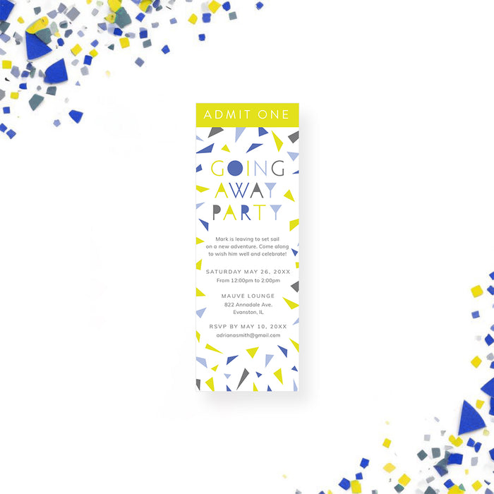 Printed ticket invitation with a colorful confetti design, customizable for going away or farewell parties.