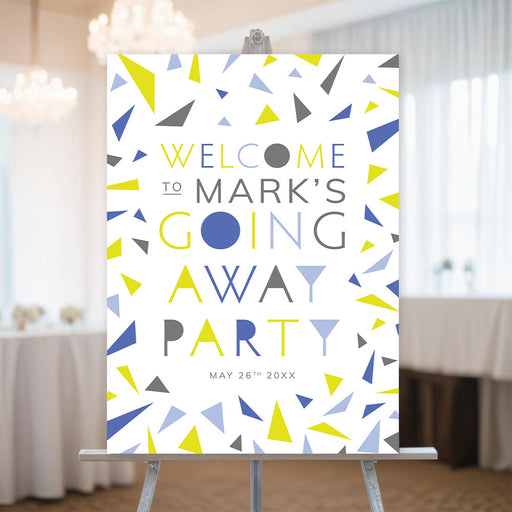Custom welcome sign with a colorful confetti design, perfect for modern party décor during going-away or send-off celebrations.