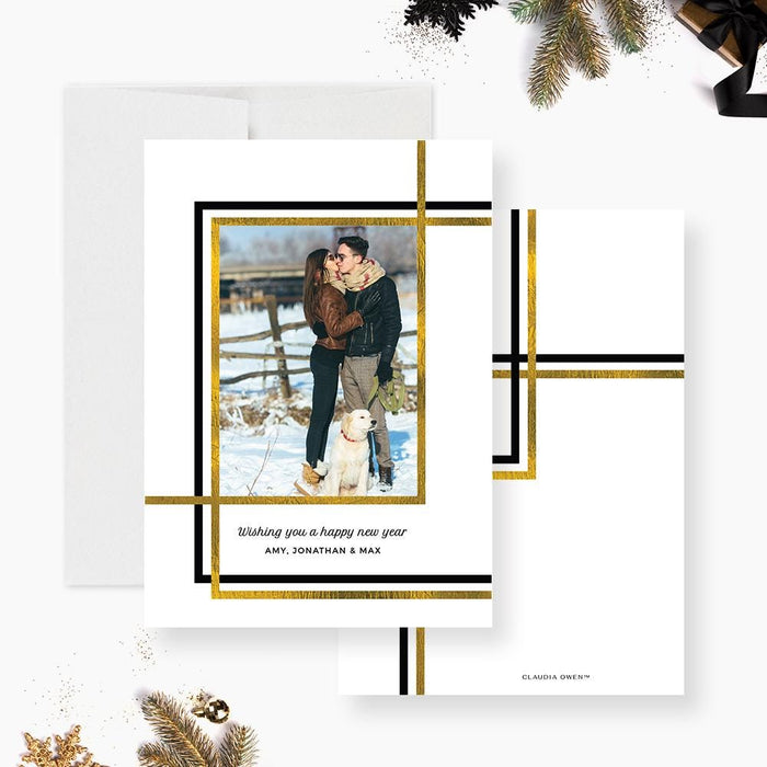 Modern minimalist photo holiday card with a gold frame, featuring a custom photo and an editable digital New Year greeting template.